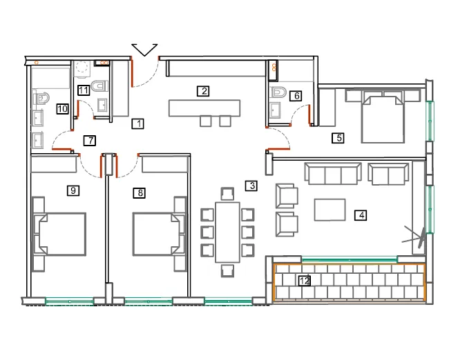 Architectural floor plan of an apartment showing rooms, furniture layout, and zones including bedroom, living room, and balcony.