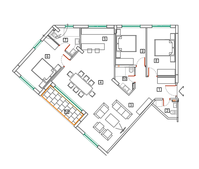 Layout of a three-room apartment in Bečići, Montenegro: living room, kitchen, three bedrooms, and a terrace on the property plan.