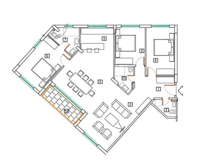 Architectural apartment floor plan with furniture layout, area 13 highlighted in orange outline.