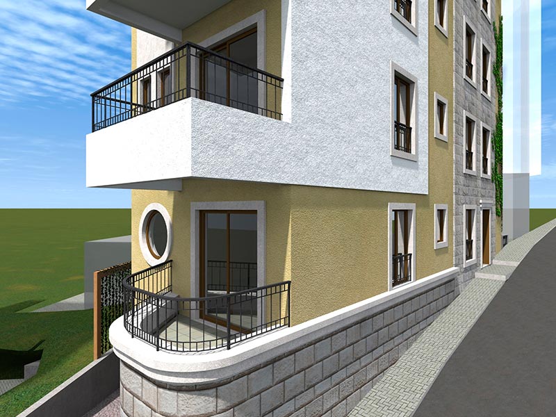 Facade of a modern residential complex in Bečići, Montenegro: stone cladding, balconies with wrought-iron railings, and panoramic windows.