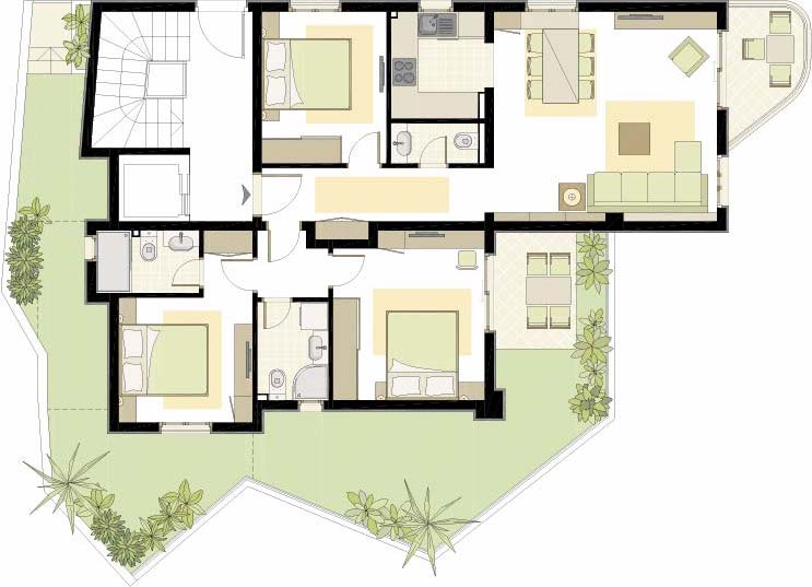 Apartment layout with three bedrooms, a living room, and a terrace in a residential complex, Bečići, Montenegro.