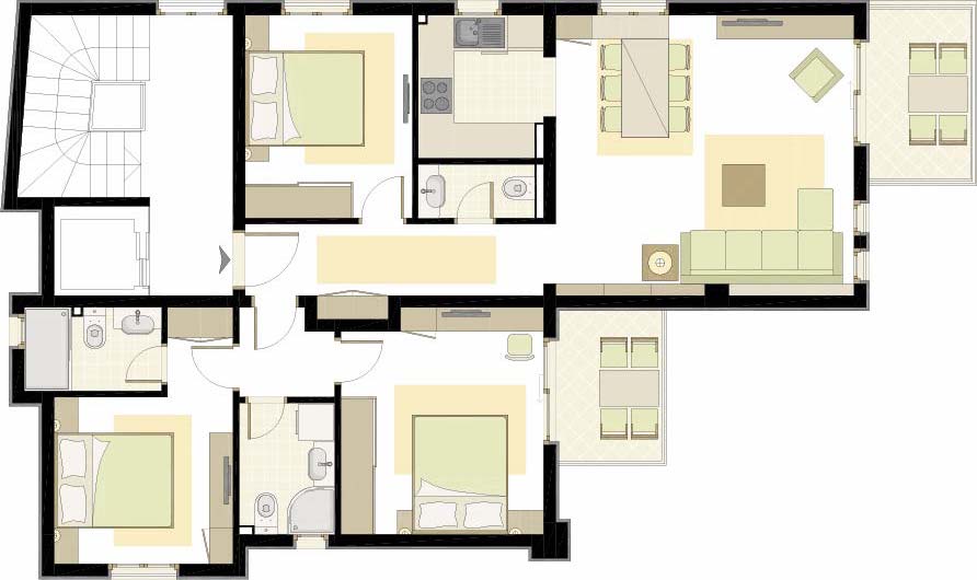 Layout of a three-bedroom apartment in the Becici residential complex, Montenegro: three bedrooms, a kitchen-living room, terraces, and two bathrooms.