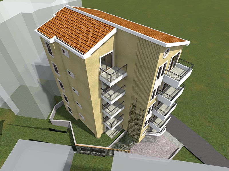 3D visualization of a residential complex in Bečići, Montenegro: a modern building with balconies and a tiled roof.