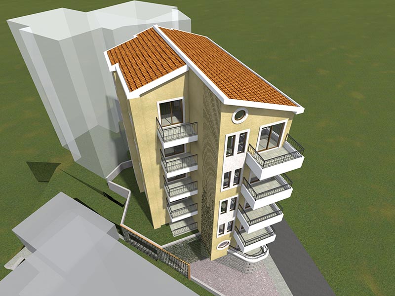 3D visualization of a residential complex in Bečići, Montenegro: a multi-storey building with balconies and a tiled roof.