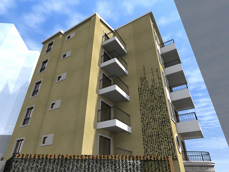 Facade of a modern residential complex in Bečići, Montenegro: a multi-storey building with balconies and landscaping elements.