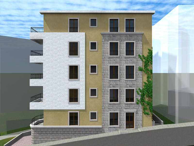3D visualization of a residential complex in Bečići, Montenegro: a modern building with stone finishes and balconies.