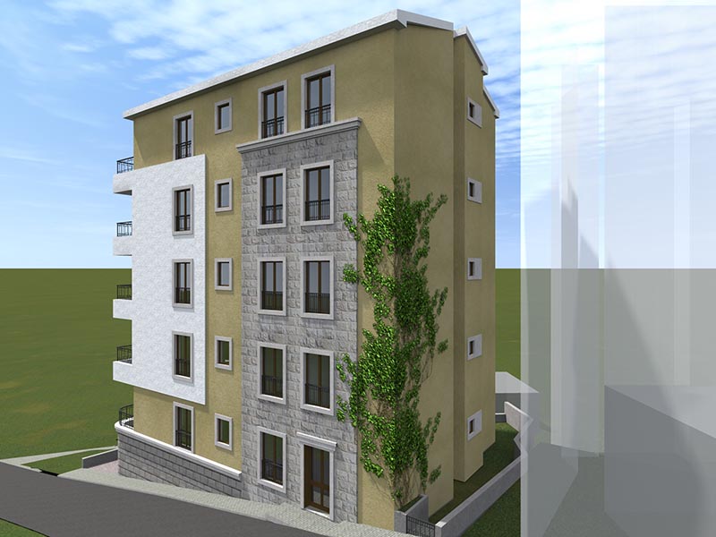 3D visualization of a modern residential complex in Bečići, Montenegro: facade with stone cladding and balconies.