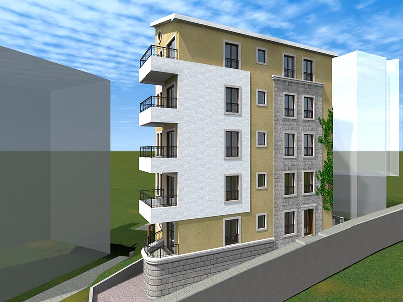 3D visualization of a modern residential complex in Bečići, Montenegro: facade with balconies and stone cladding.