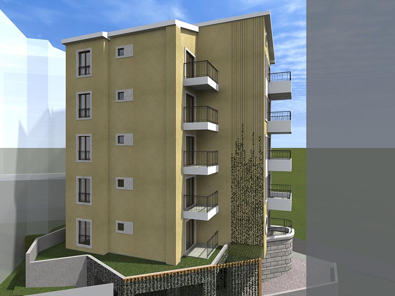 3D visualization of a modern residential complex in Bečići, Montenegro: a five-story building with balconies and facade finishes.