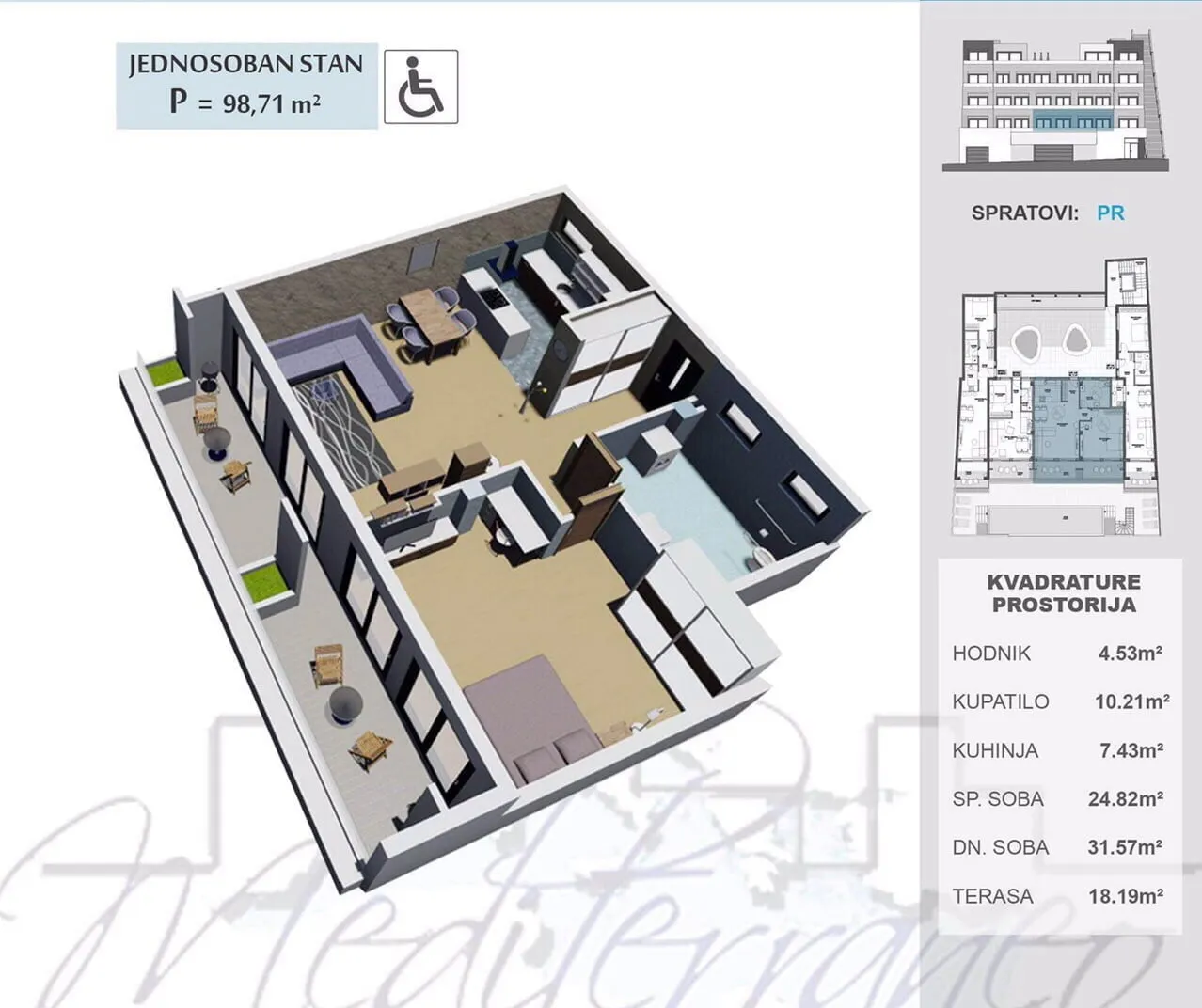 3D floor plan of a one-bedroom apartment with furniture and a room area table.