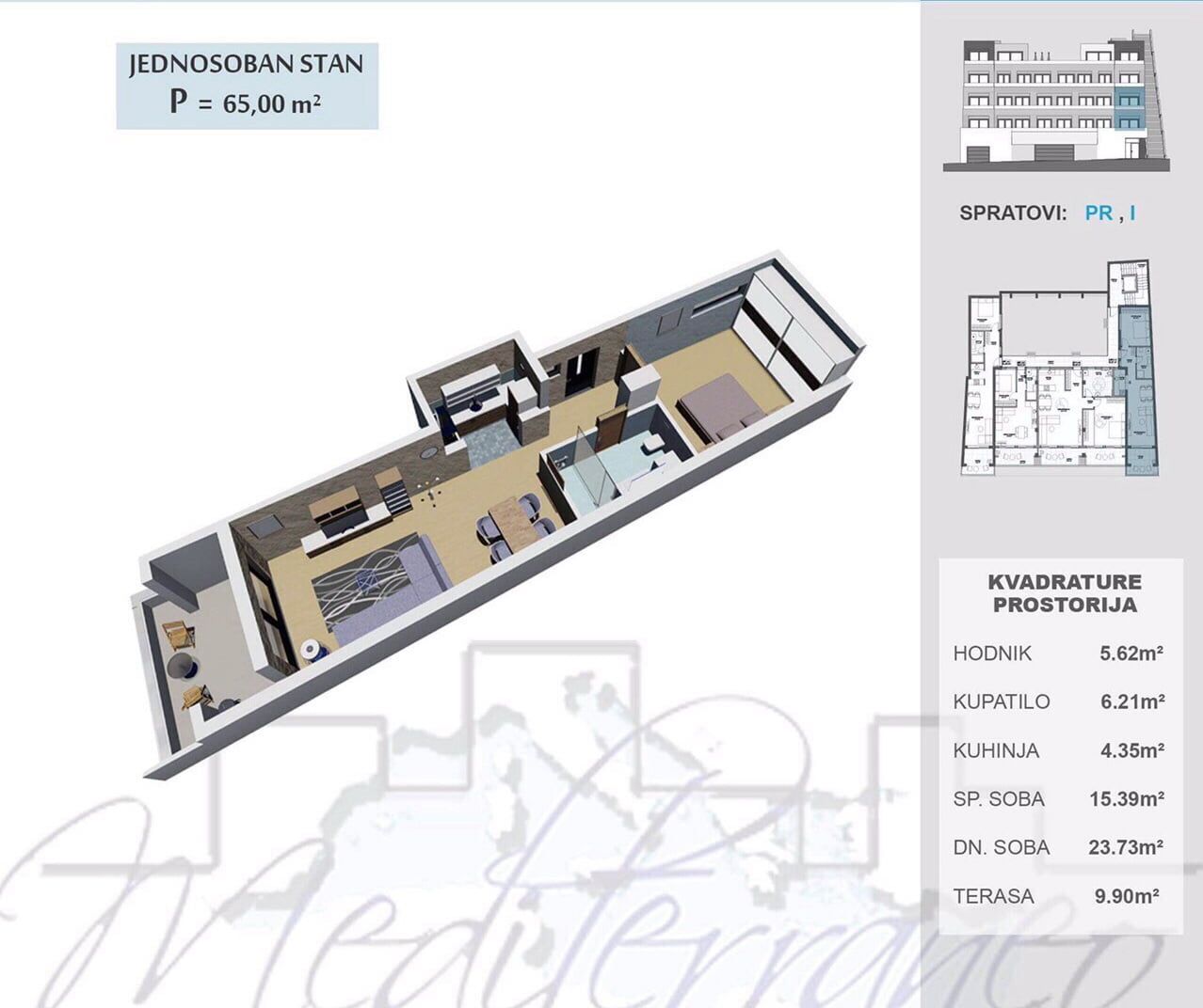 3D floor plan of a 65 m² apartment in a residential complex, Ulcinj, Montenegro: living room, bedroom, kitchen, and terrace.
