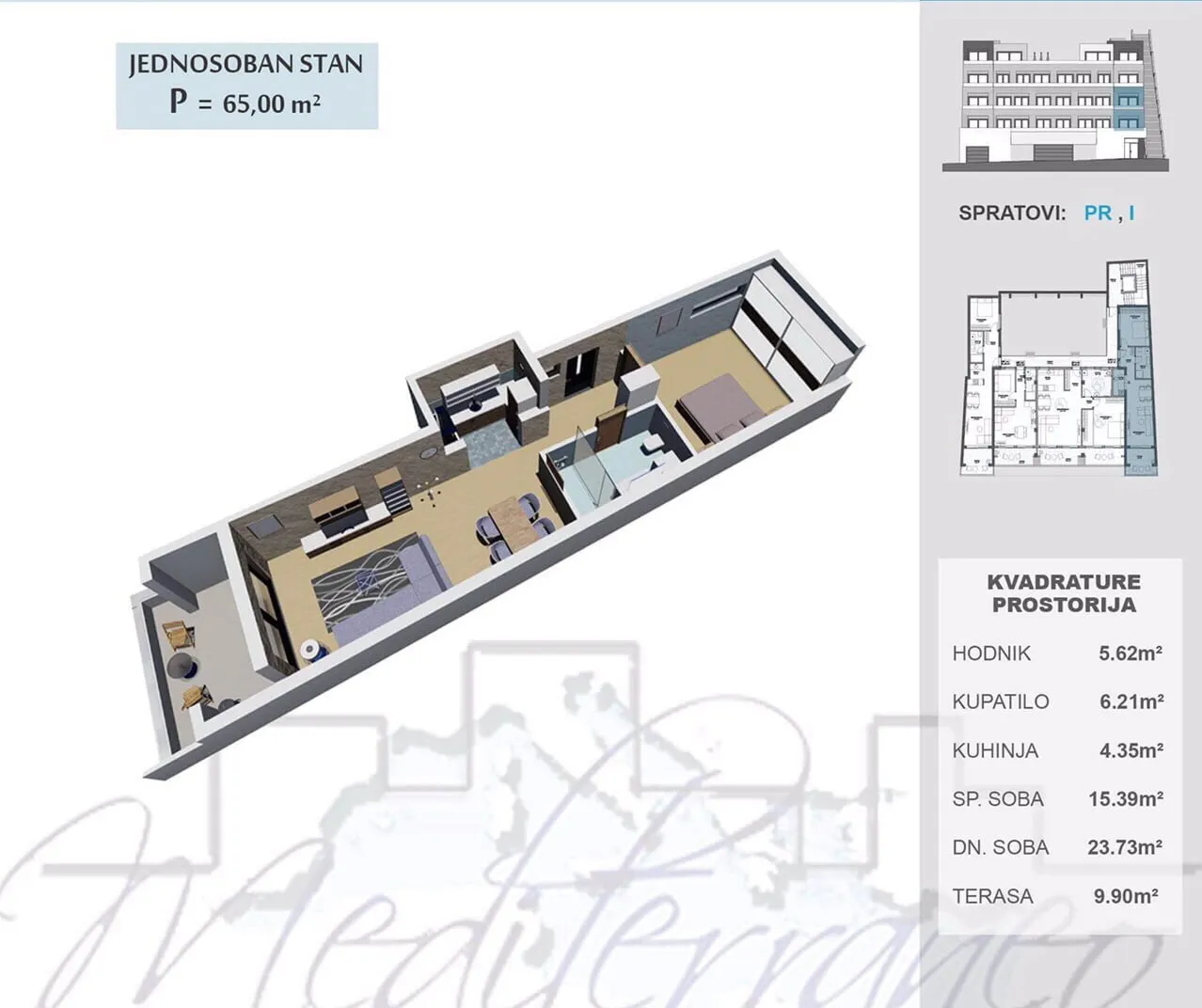 3D architectural floor plan of a one-bedroom apartment with furniture and a room area table.