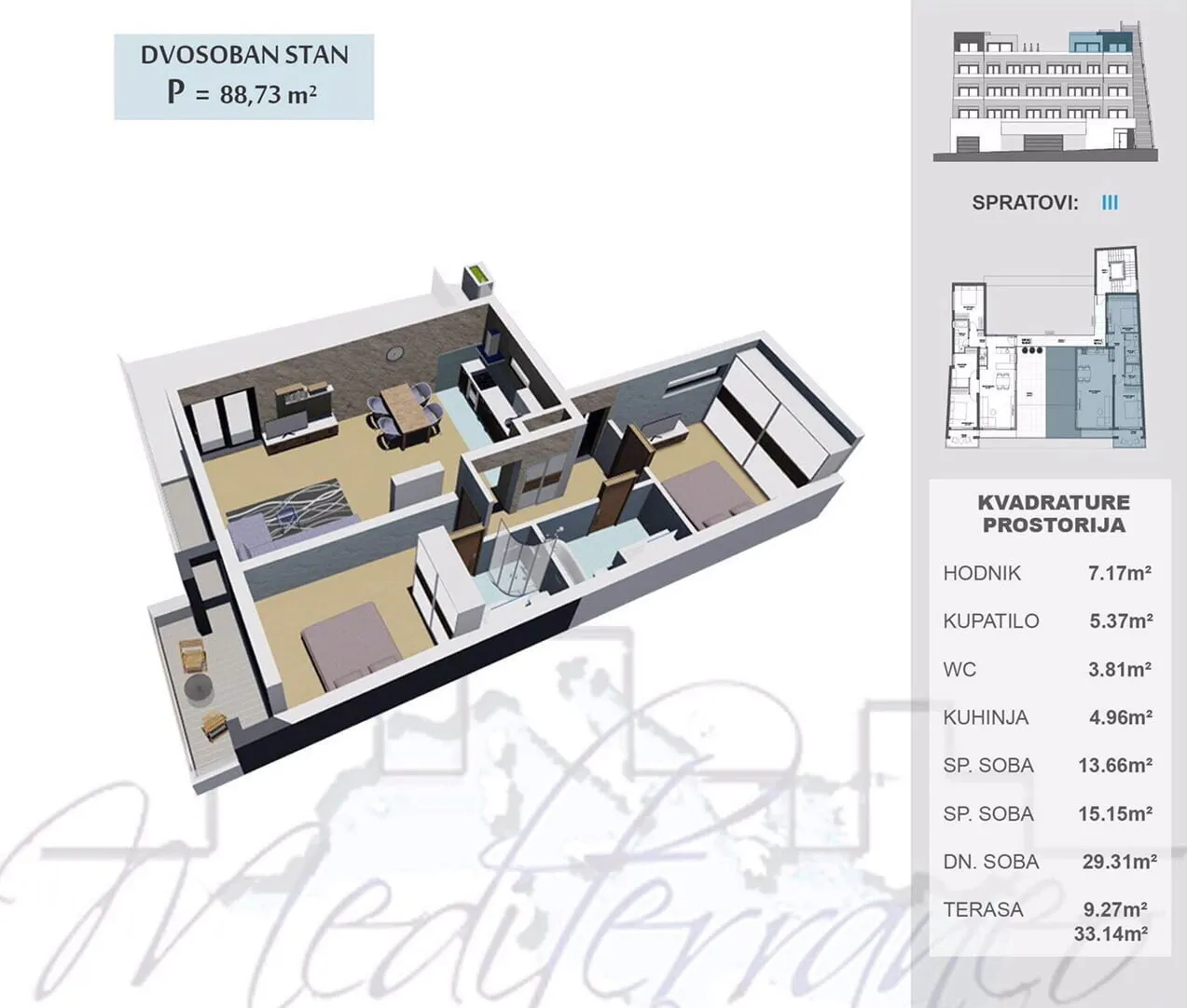 3D architectural floor plan of a two-bedroom apartment with furniture and a room area table.