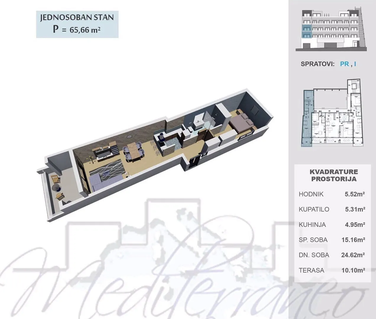 3D floor plan of a one-bedroom apartment with furniture and a room area table.