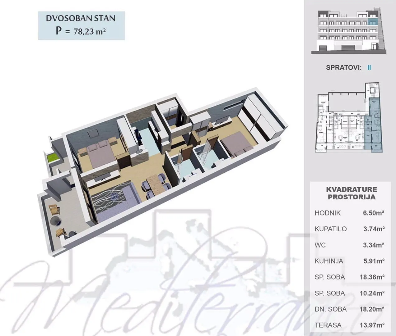 3D architectural floor plan of a two-bedroom apartment with furniture and a room area table.