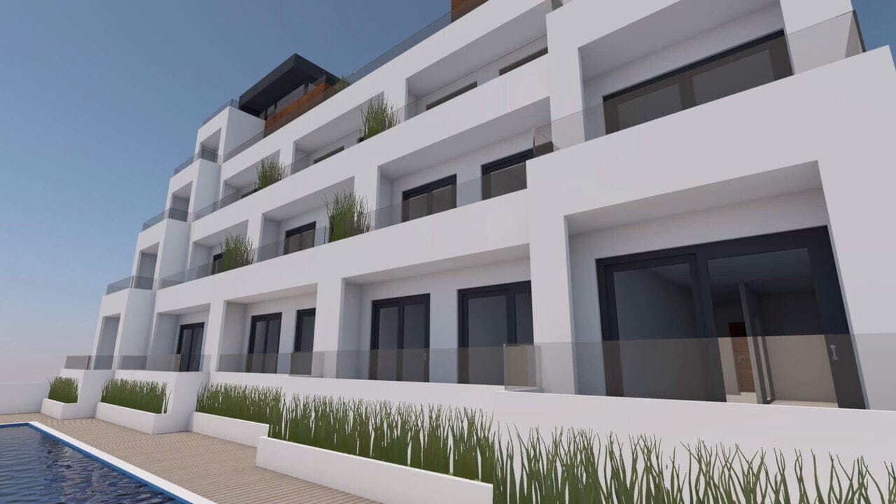 Modern residential complex with terraces and a swimming pool in Ulcinj, Montenegro: view of the facade of the new building.