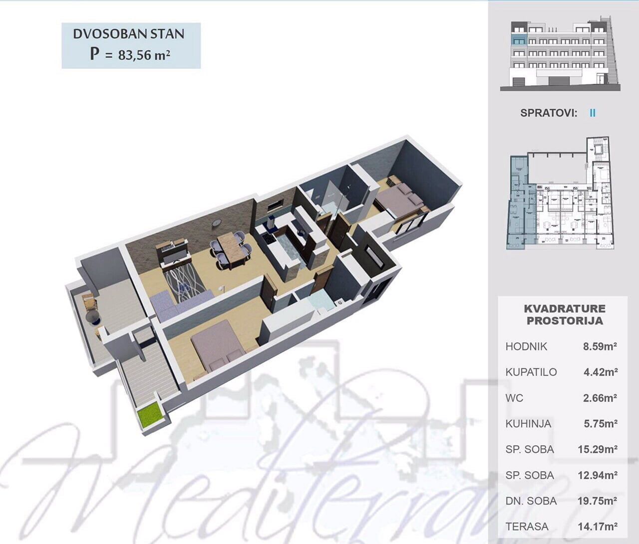 3D floor plan of an 83.56 m² apartment with two bedrooms in a residential complex, Ulcinj, Montenegro: top view of the interior.