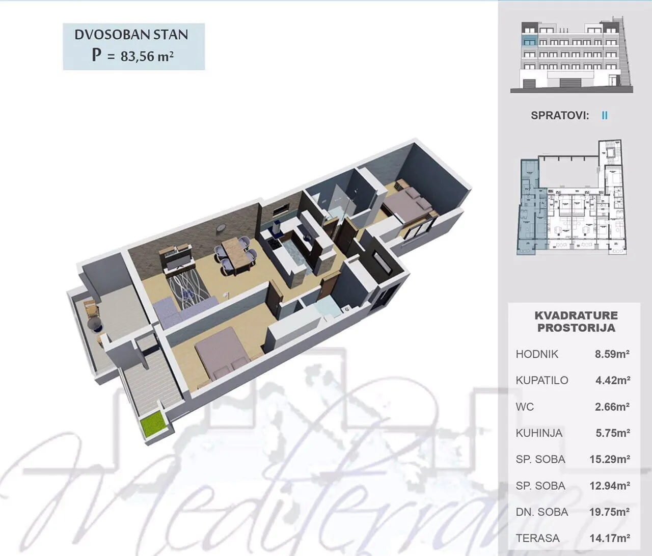 3D architectural floor plan of a two-bedroom apartment showing furniture layout and room area statistics.
