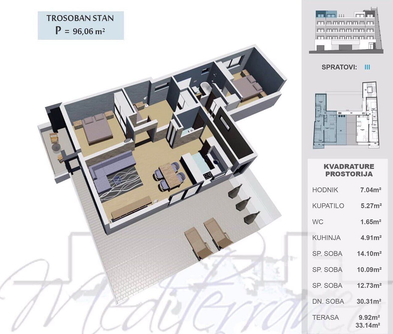 3D floor plan of a 96 m² apartment with three bedrooms and a terrace in a residential complex, Ulcinj, Montenegro.