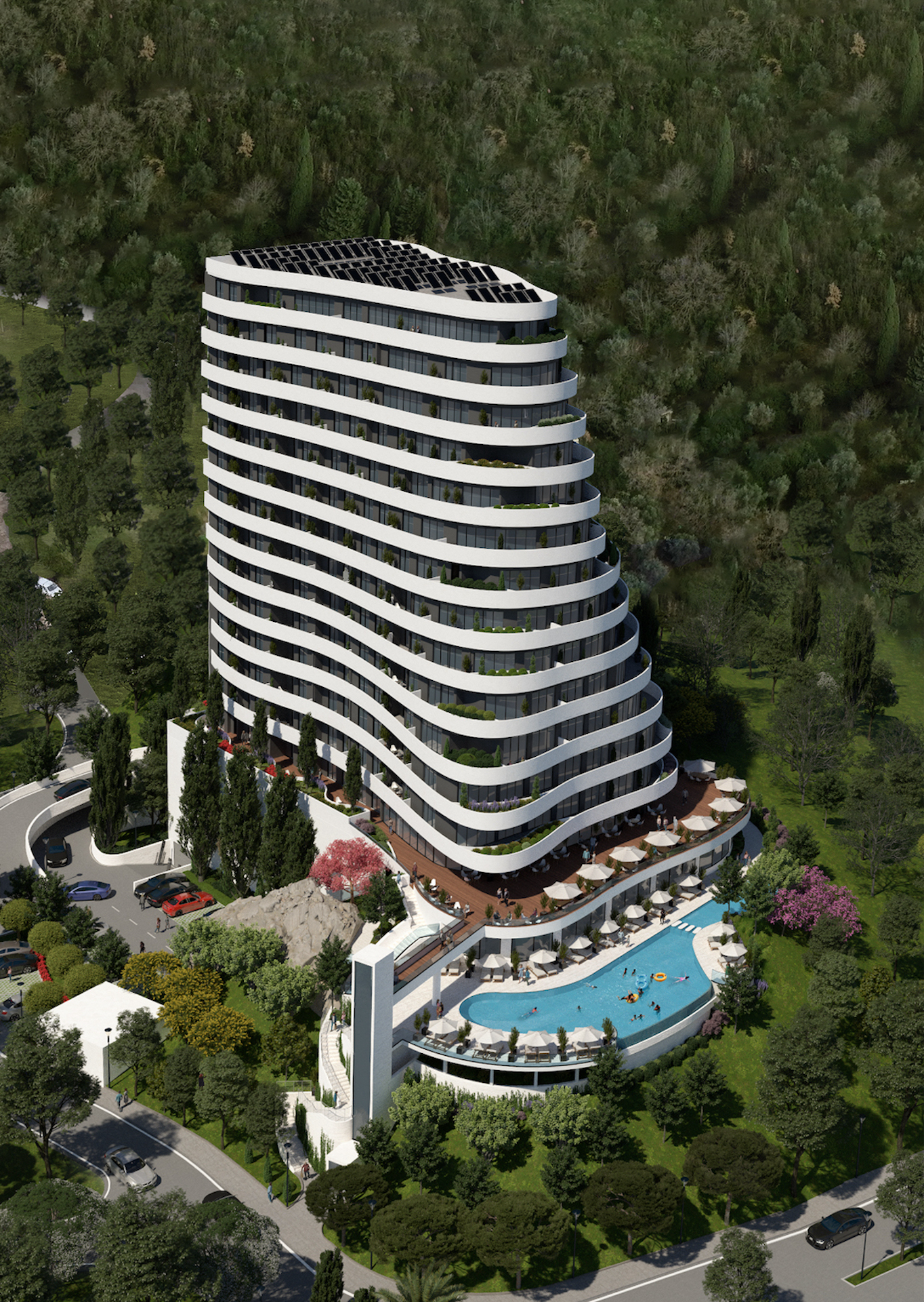 Modern residential complex in Rafailovići, Montenegro: panoramic view of the building with a swimming pool and terrace in the forest.