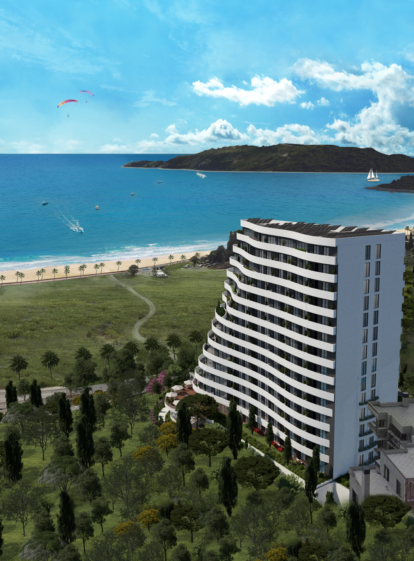 Modern residential complex in Bečići, Montenegro: view of the building with panoramic balconies by the sea and sandy beach.