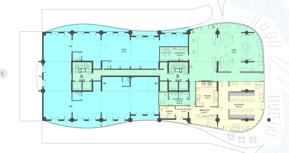 Floor plan of the residential complex in Rafailovići, Montenegro: lobby, restaurant, kitchen, and retail spaces.