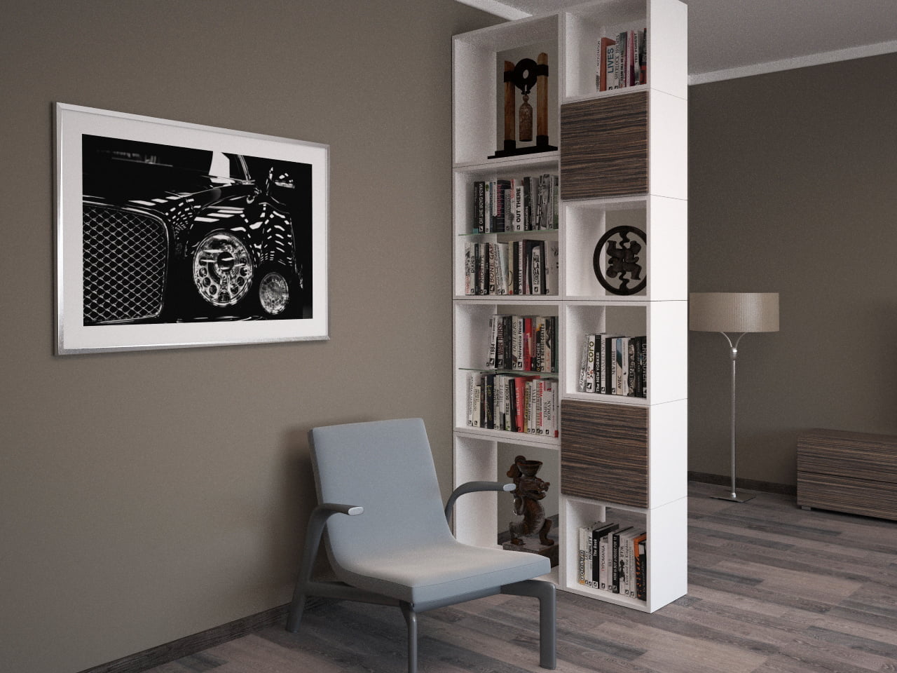 Modern living room in the Rafailovići residential complex, Montenegro: white bookcase, gray armchair, and painting in the interior.