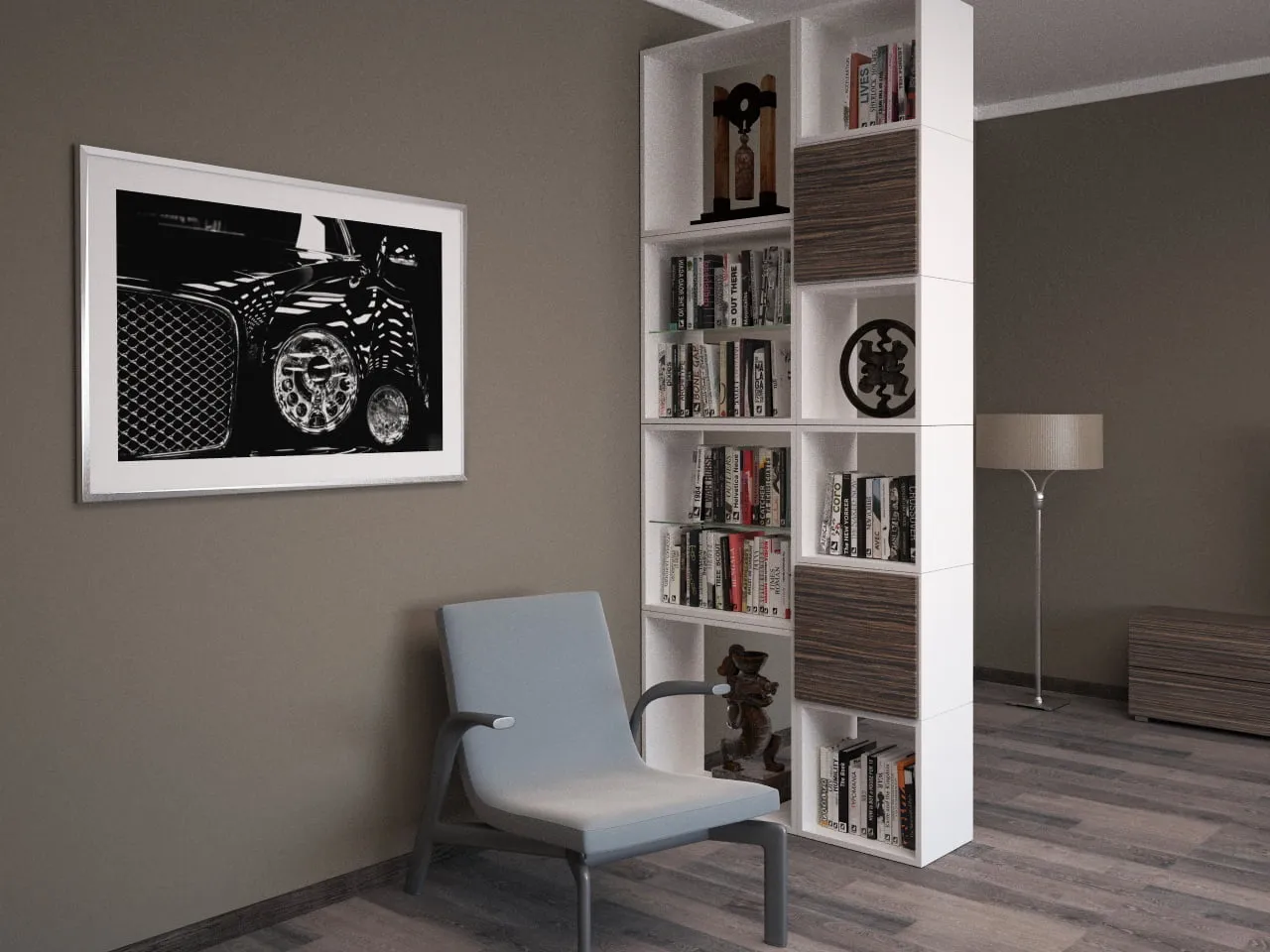 Bright room with a white bookshelf, grey armchair, and framed car poster on the wall.