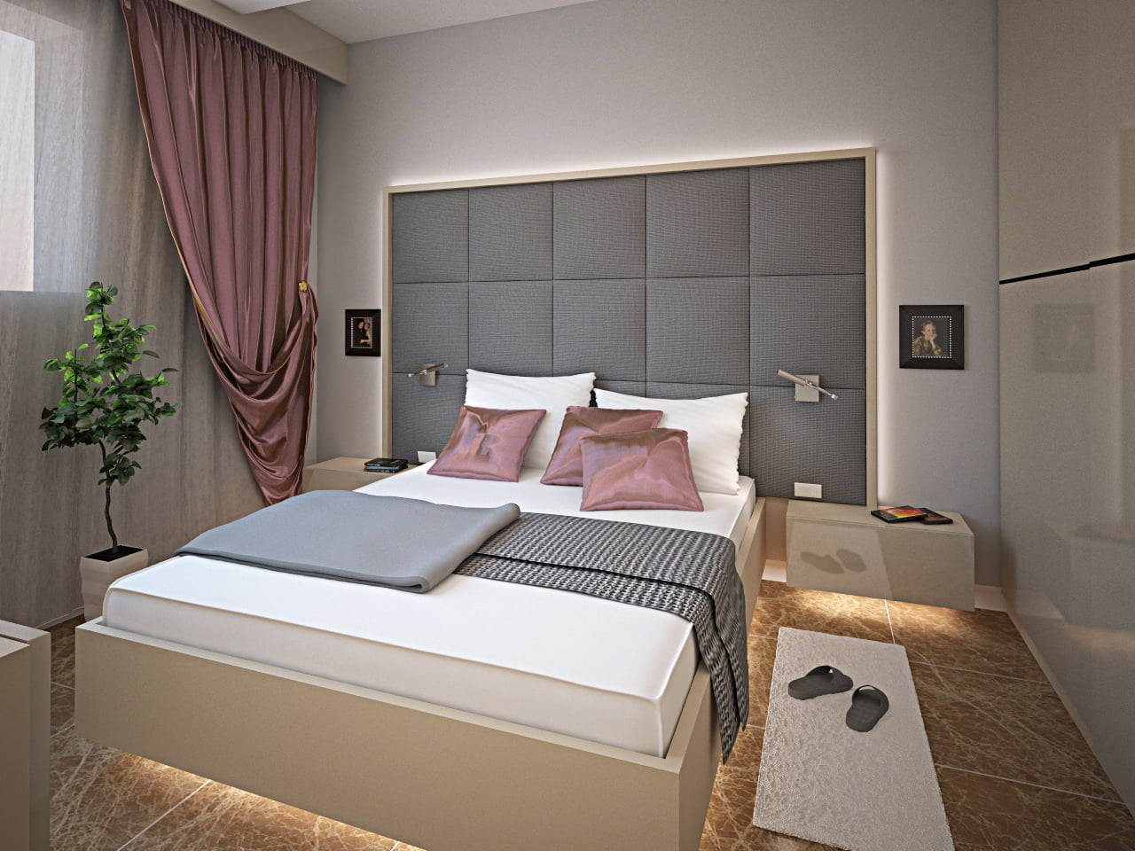 Modern bedroom in the Rafailovići residential complex, Montenegro: a double bed with a soft headboard and lighting, marble floor.