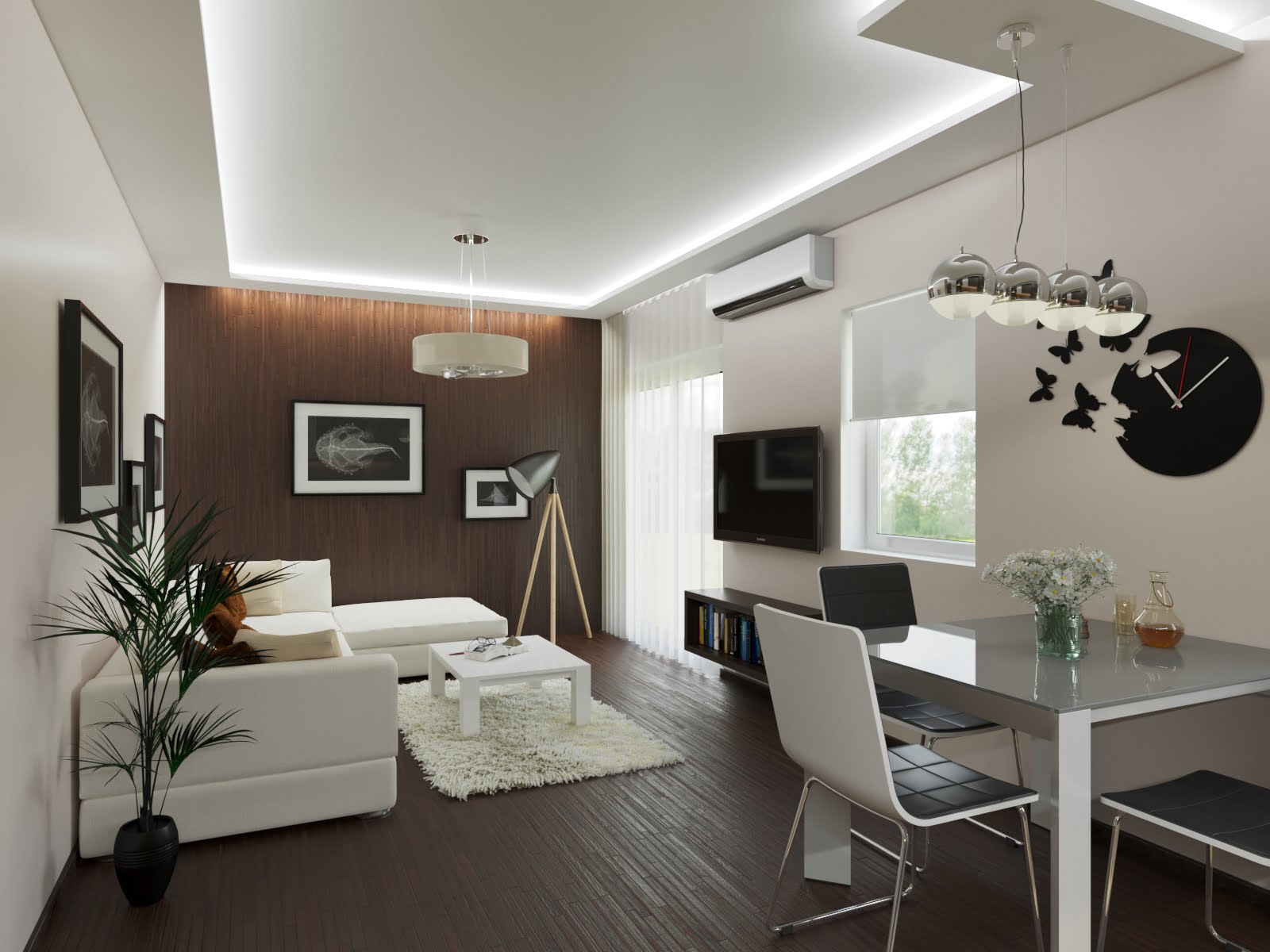Modern living room with dining area in the Bečići residential complex, Rafailovići, Montenegro: light furniture, dark flooring, and decor.
