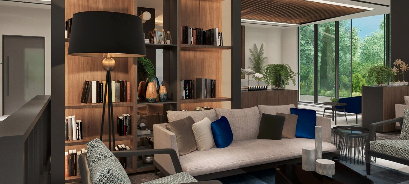 Modern living room with a library in a residential complex in Bečići, Montenegro: designer furniture, panoramic windows, and a stylish interior.