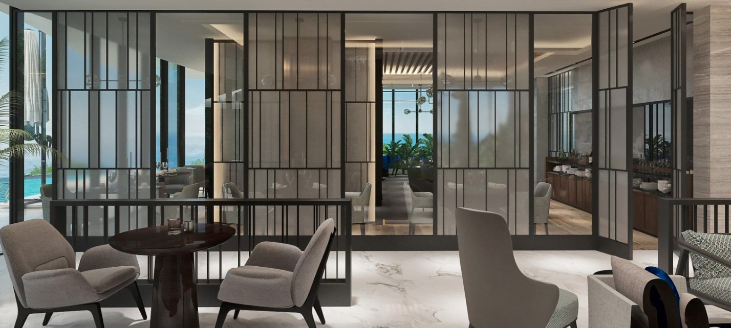Stylish living room with panoramic windows and glass partitions in a residential complex, Rafailovići, Montenegro.