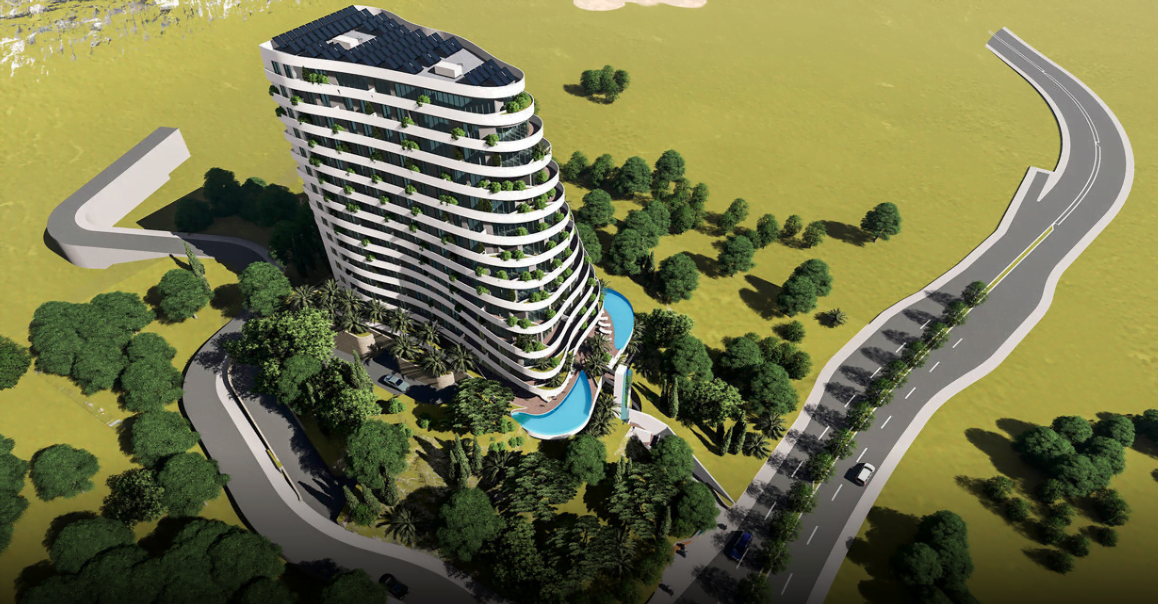 Visualization of a modern residential complex with a swimming pool and terraces in Rafailovići, Montenegro, bird’s-eye view.