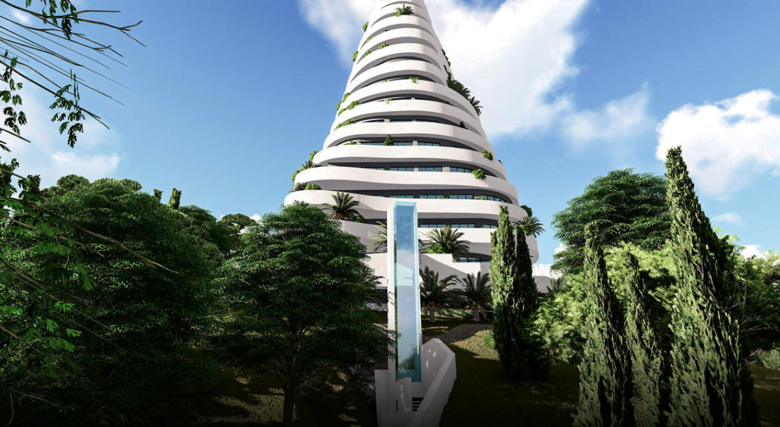 Modern residential complex with terraces and greenery in Rafailovići, Montenegro: view of the building with a panoramic elevator.