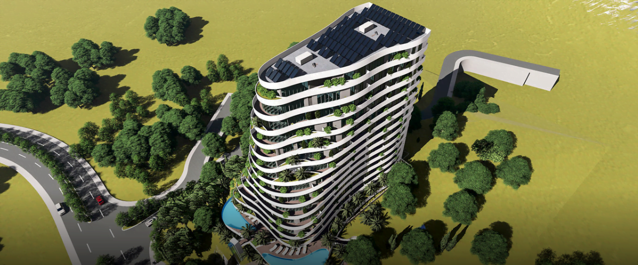 Top view of a modern residential complex in Rafailovići, Montenegro: panoramic terraces, a swimming pool, and solar panels.