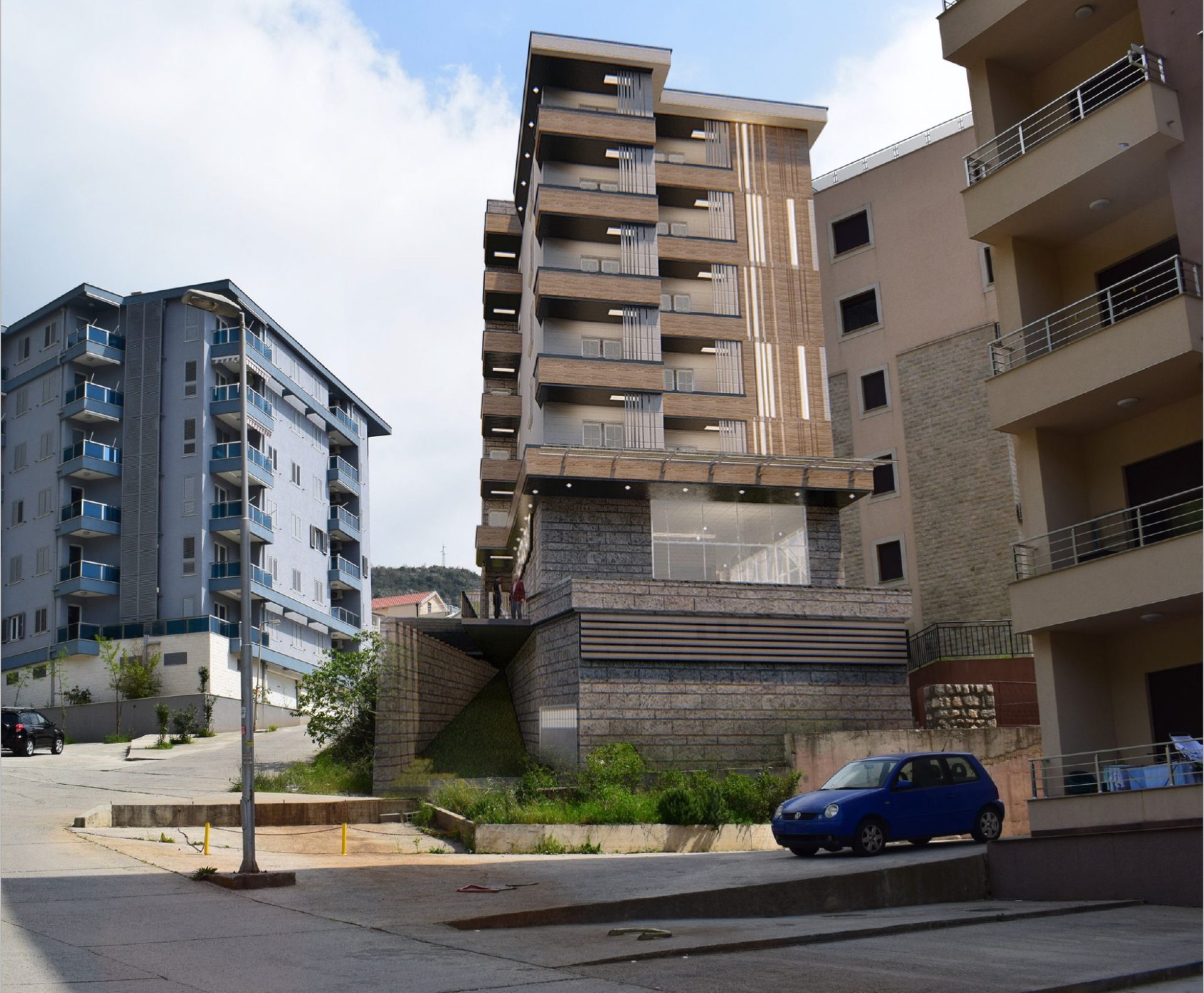 Modern multi-storey residential building with terraces in Bečići, Montenegro: view of the building facade and surrounding area.