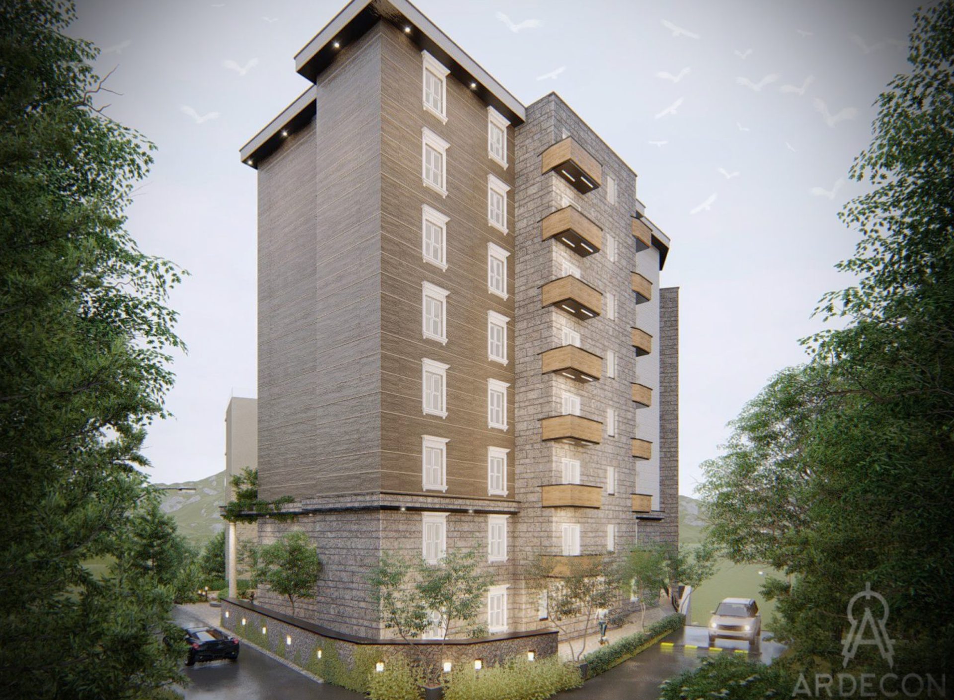 Modern residential building in Bečići, Montenegro: facade with stone and wood finishes, balconies, and landscaped grounds.