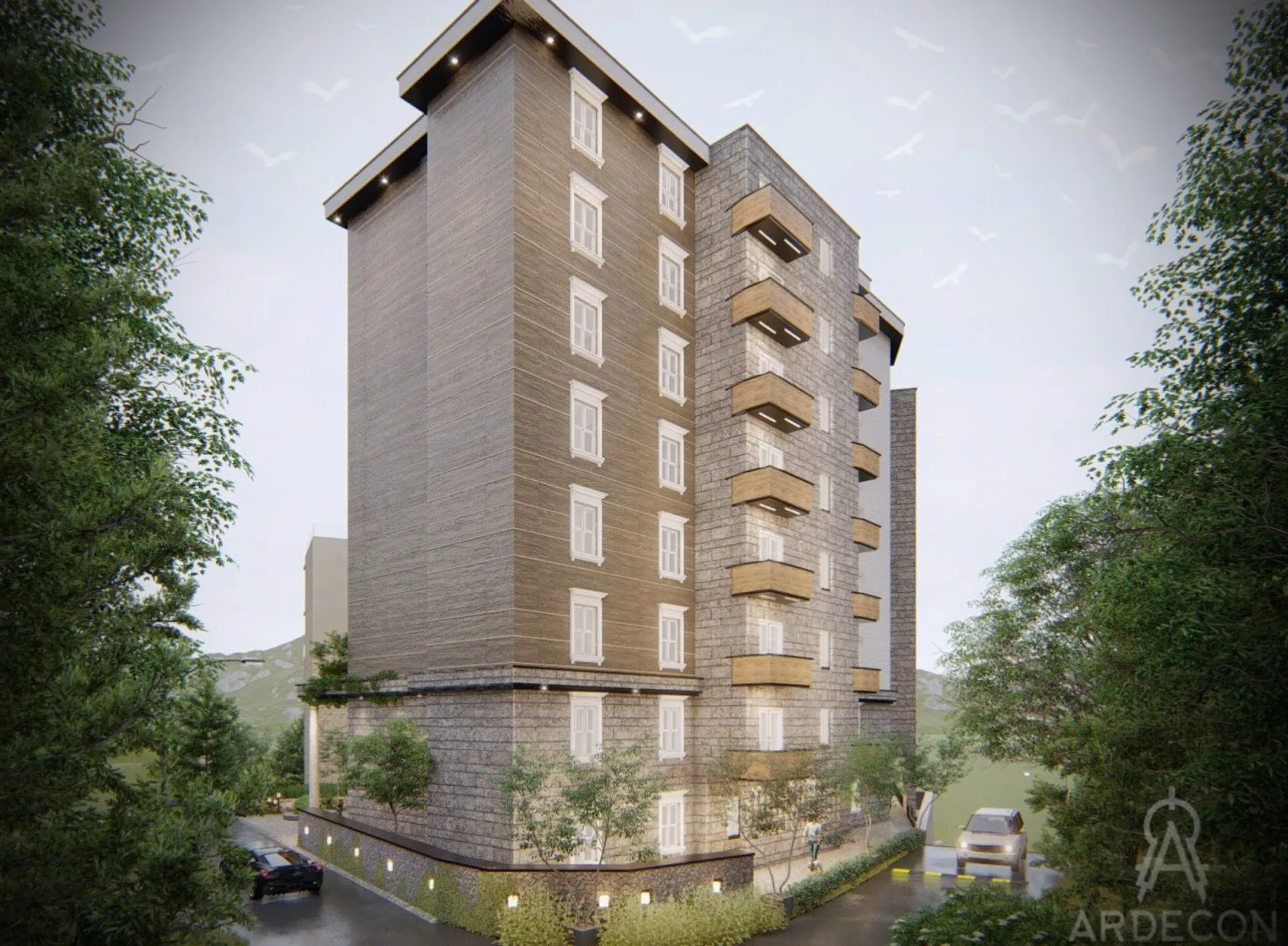 Внешний вид многоэтажного жилого здания с балконами и окнами, окруженного деревьями.