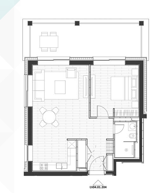 Layout of the apartment in the Porto Novi complex, Kumbor, Montenegro: living room with kitchen, bedroom, and terrace.