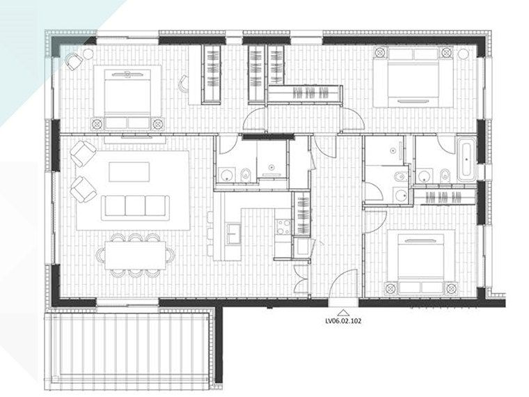 Apartment layout in the Porto Novi complex, Kumbor, Montenegro: three bedrooms, a living room, a kitchen, and a terrace.