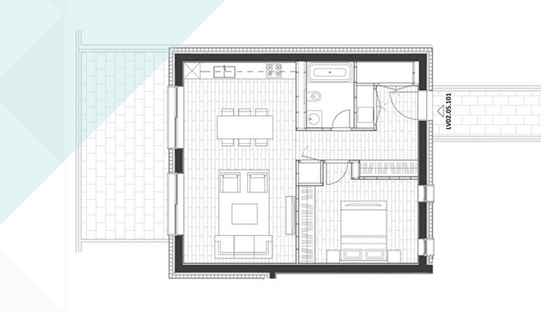 Apartment layout in the Porto Novi complex, Kumbor, Montenegro: living room with kitchen, bedroom, and bathroom.