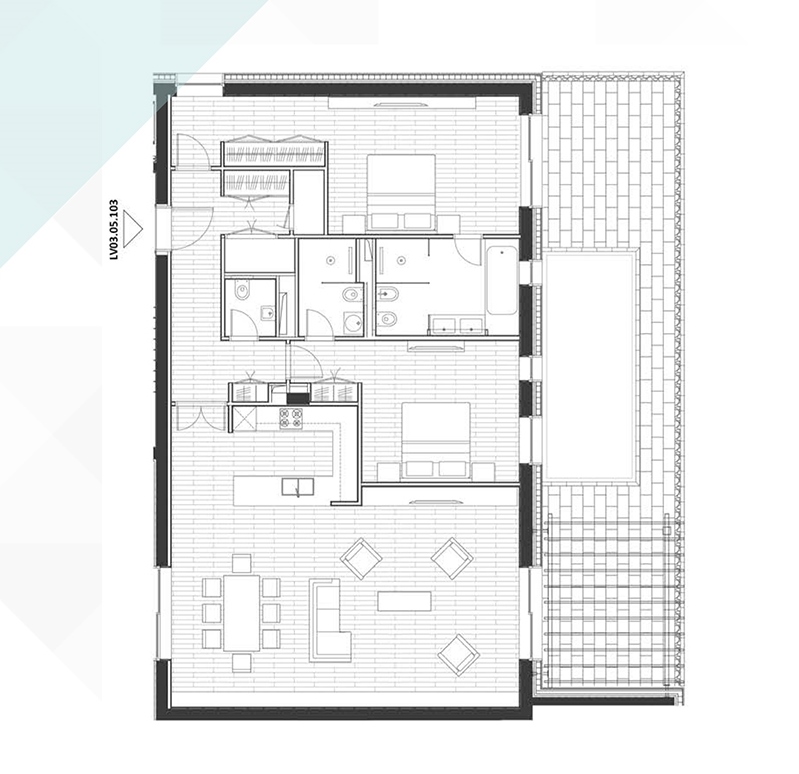 Apartment layout in the Porto Novi complex, Kumbor, Montenegro: two bedrooms, a kitchen-living room, and a terrace.