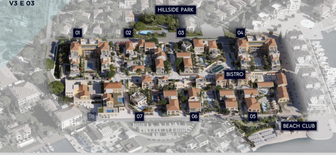 Master plan of the Porto Novi residential complex in Kumbor, Montenegro: villas, pools, park, and access to the sea.