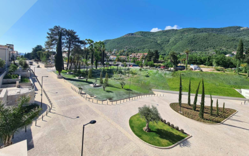 View of the landscaped grounds and mountains in the luxury Porto Novi complex, Kumbor, Montenegro.