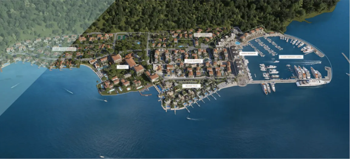 Aerial render of a coastal residential complex featuring a marina, villas, and surrounding water.