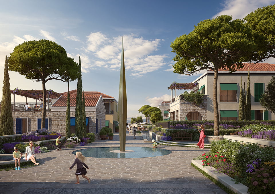 A landscaped square with a fountain and landscape design in the prestigious Porto Novi complex, Kumbor, Montenegro.