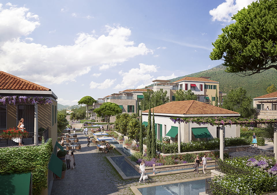 View of the luxury Porto Novi residential complex in Kumbor, Montenegro: landscaped grounds with fountains and gardens.