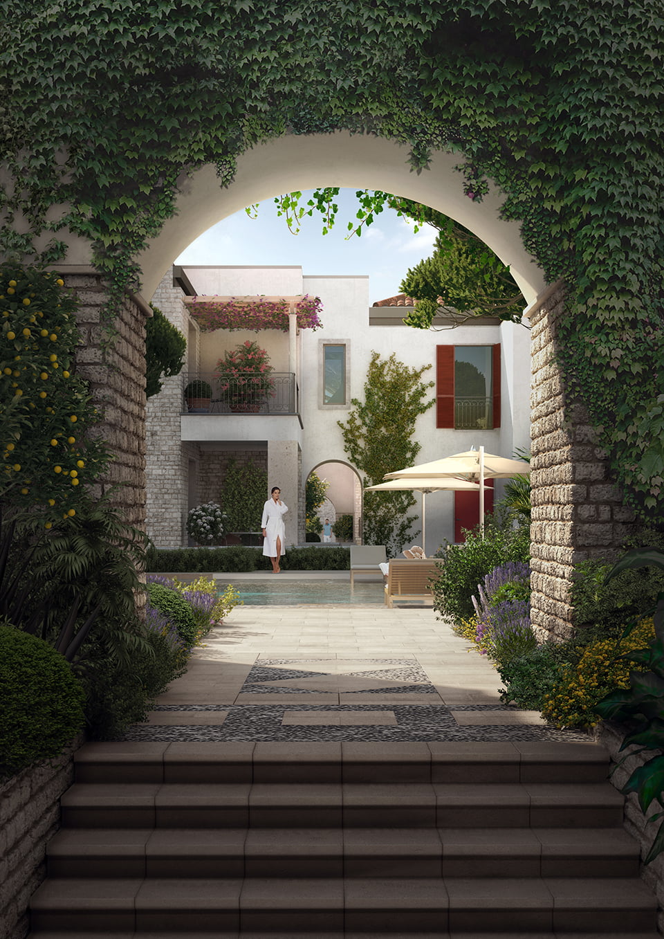 Luxury villa with a pool and terrace in the Porto Novi complex, Kumbor, Montenegro: view through a stone arch into the garden.
