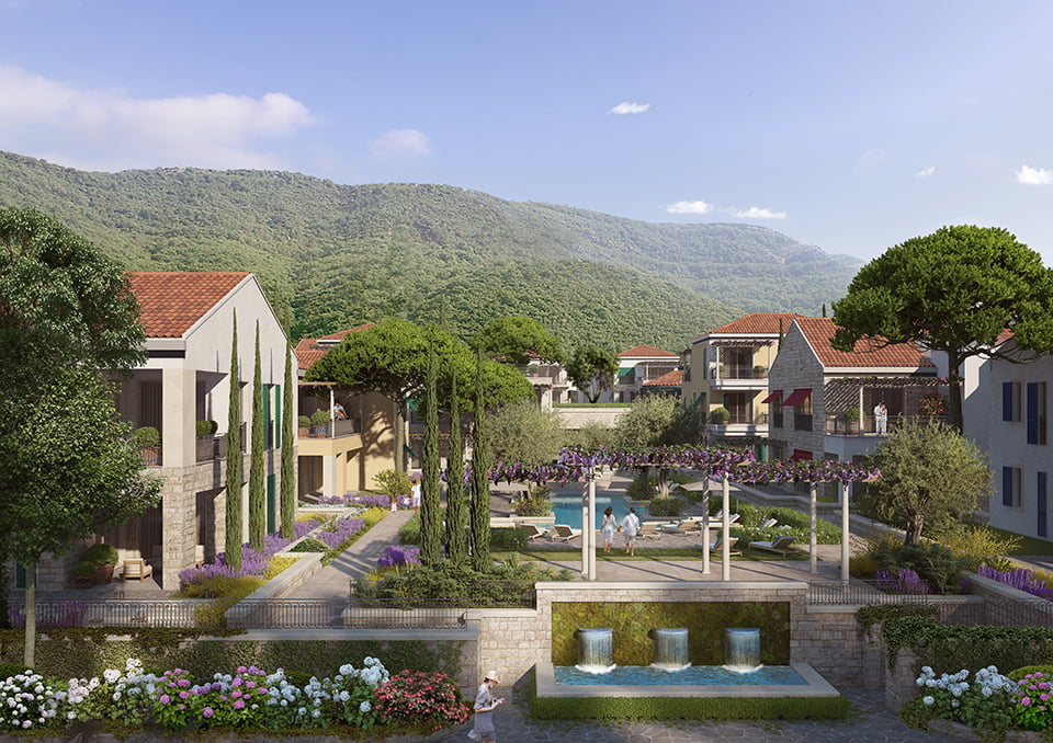 Luxury residential complex Porto Novi in Kumbor, Montenegro: villas, swimming pool, landscaping, and a fountain by the mountains.