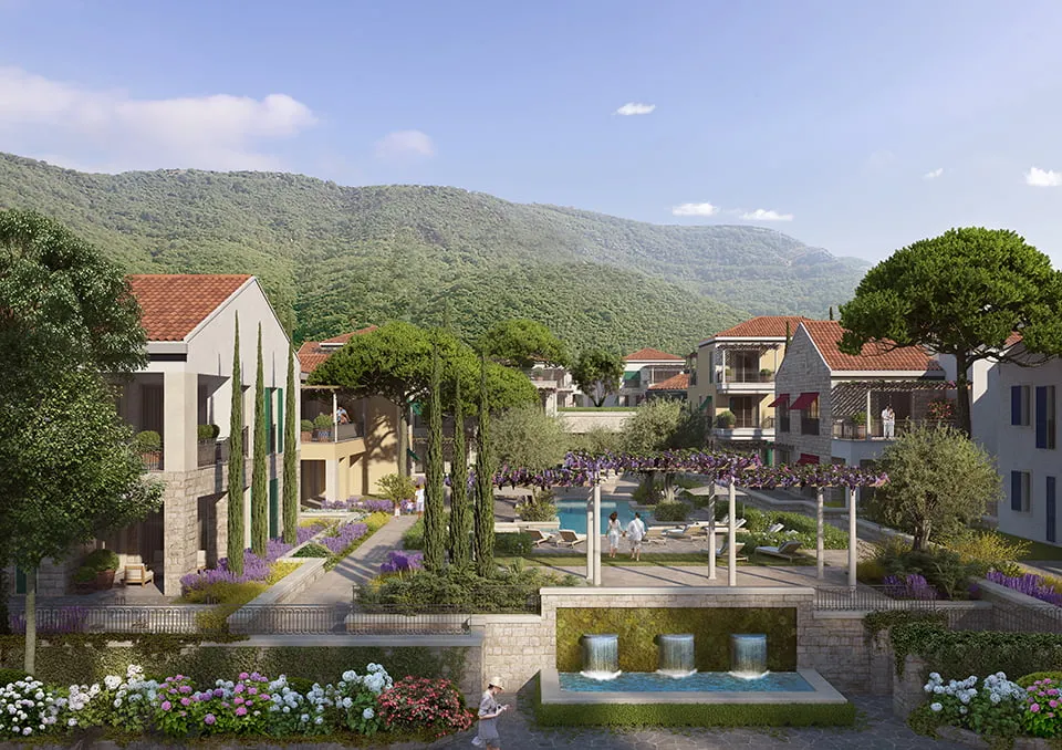 Architectural rendering of a resort complex featuring buildings, gardens, a pool, and fountain against mountains.